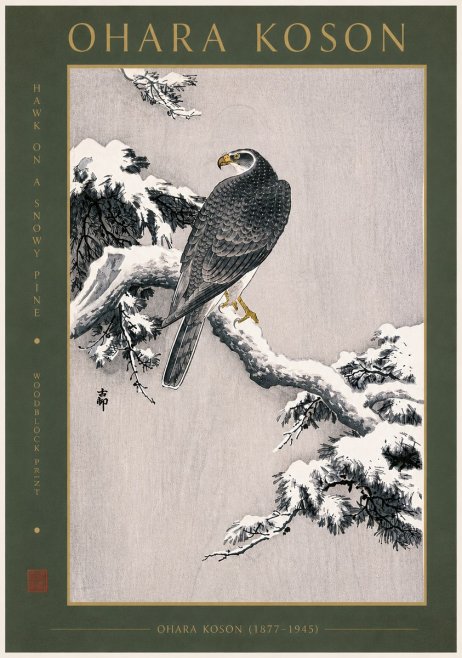 Ohara Koson Hawk on a Snowy Pine No6 - Poster