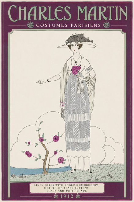 Charles Martin Linen Dress with English Embroidery, Mother-of-pearl Buttons, Black and White Shawl No2 - Poster