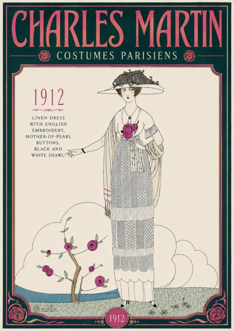 Charles Martin Linen Dress with English Embroidery, Mother-of-pearl Buttons, Black and White Shawl No4 - Poster