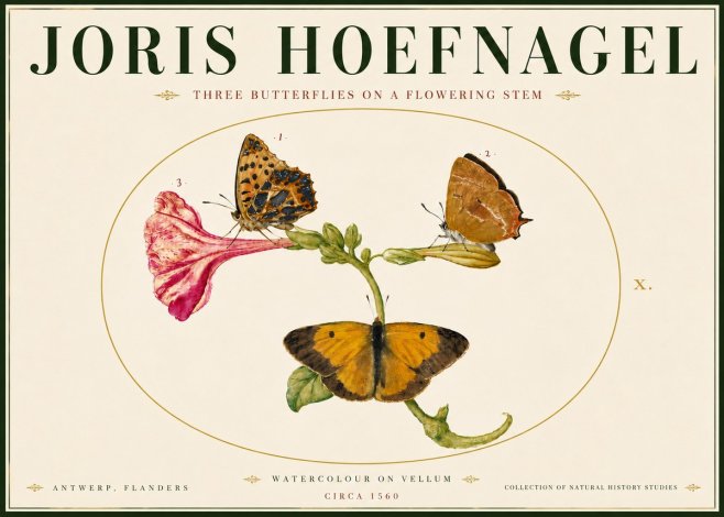 Joris Hoefnagel Three Butterflies on a Flowering Stem No6 - Poster
