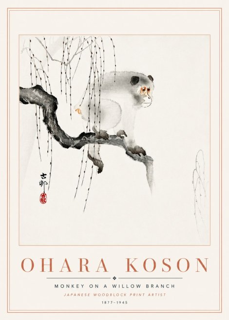 Ohara Koson Monkey on a Willow Branch No6 - Poster