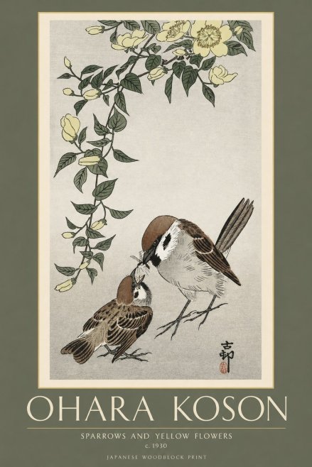Ohara Koson Sparrows and Yellow Flowers No2 - Poster