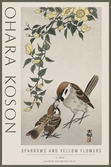 Ohara Koson Sparrows and Yellow Flowers No3 - Poster