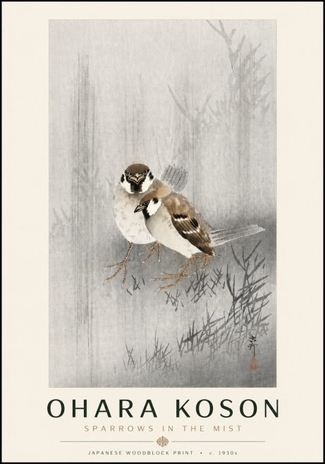 Ohara Koson Sparrows in the Mist No6 - Poster