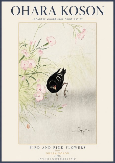 Ohara Koson Bird and Pink Flowers No3 - Poster