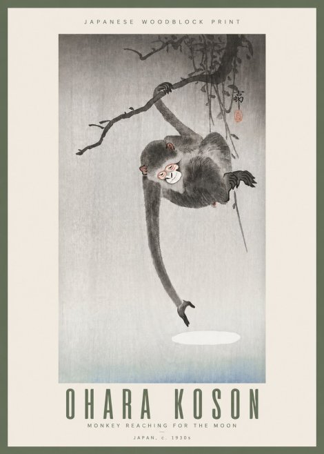 Ohara Koson Monkey Reaching for the Moon No3 - Poster