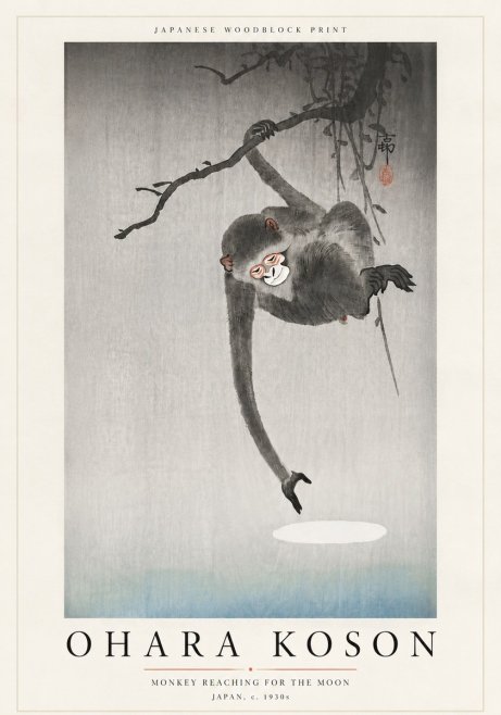 Ohara Koson Monkey Reaching for the Moon No6 - Poster