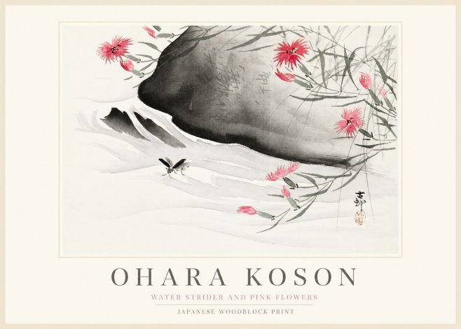Ohara Koson Water Strider and Pink Flowers No1 - Poster