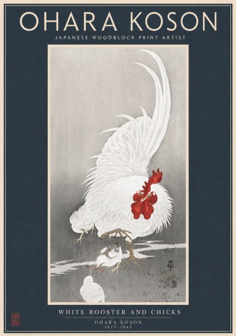 Ohara Koson White Rooster and Chicks No2 - Poster