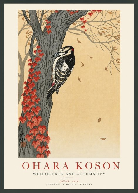 Ohara Koson Woodpecker and Autumn Ivy No3 - Poster