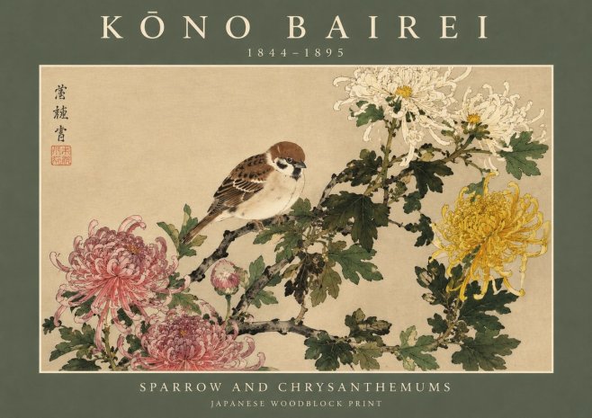Kōno Bairei Sparrow and Chrysanthemums No2 - Poster