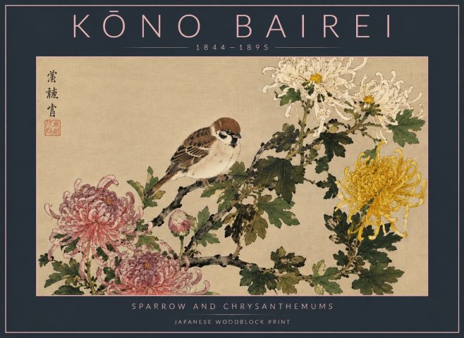 Kōno Bairei Sparrow and Chrysanthemums No4 - Poster