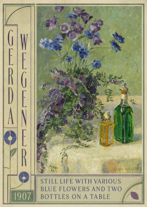 Gerda Wegener Still Life with Various Blue Flowers and Two Bottles on a Table No4 - Poster
