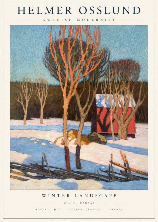 Helmer Osslund Winter Landscape with Red Barn No2 - Poster