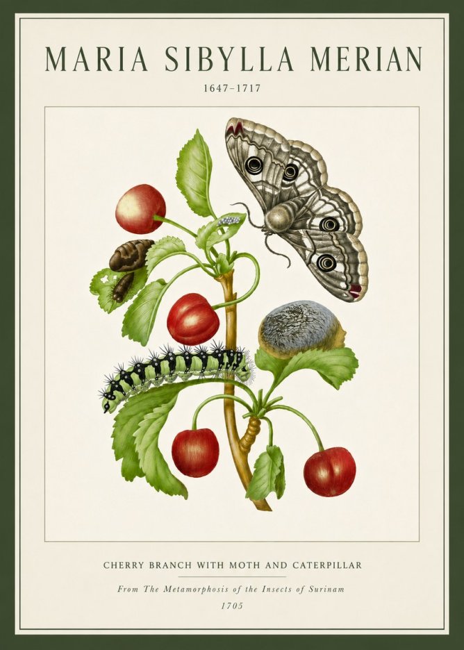 Maria Sibylla Merian Cherry Branch with Moth and Caterpillar No5 - Poster