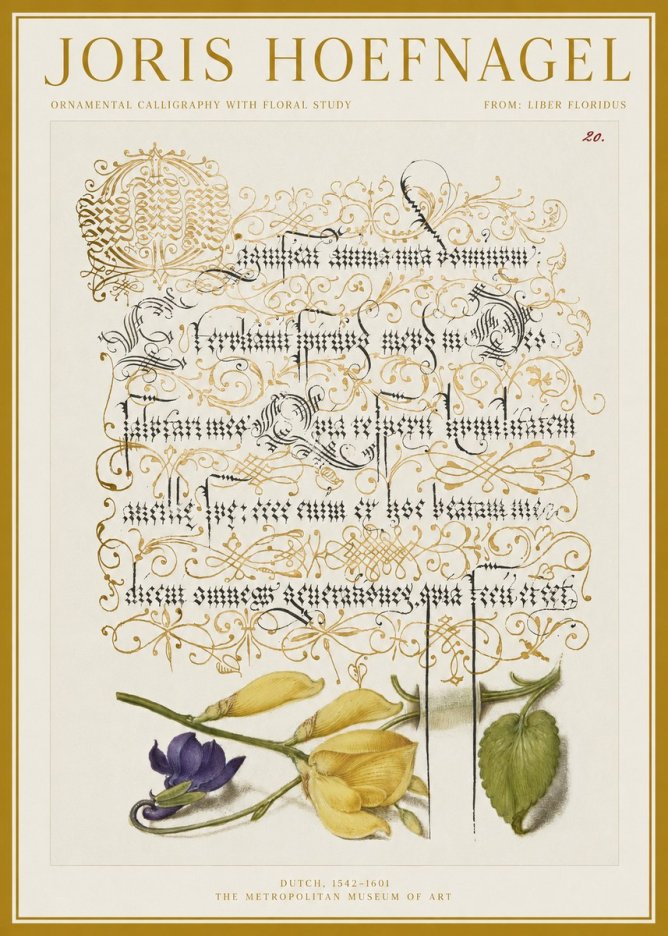 Joris Hoefnagel Ornamental Calligraphy with Floral Study No1 - Poster