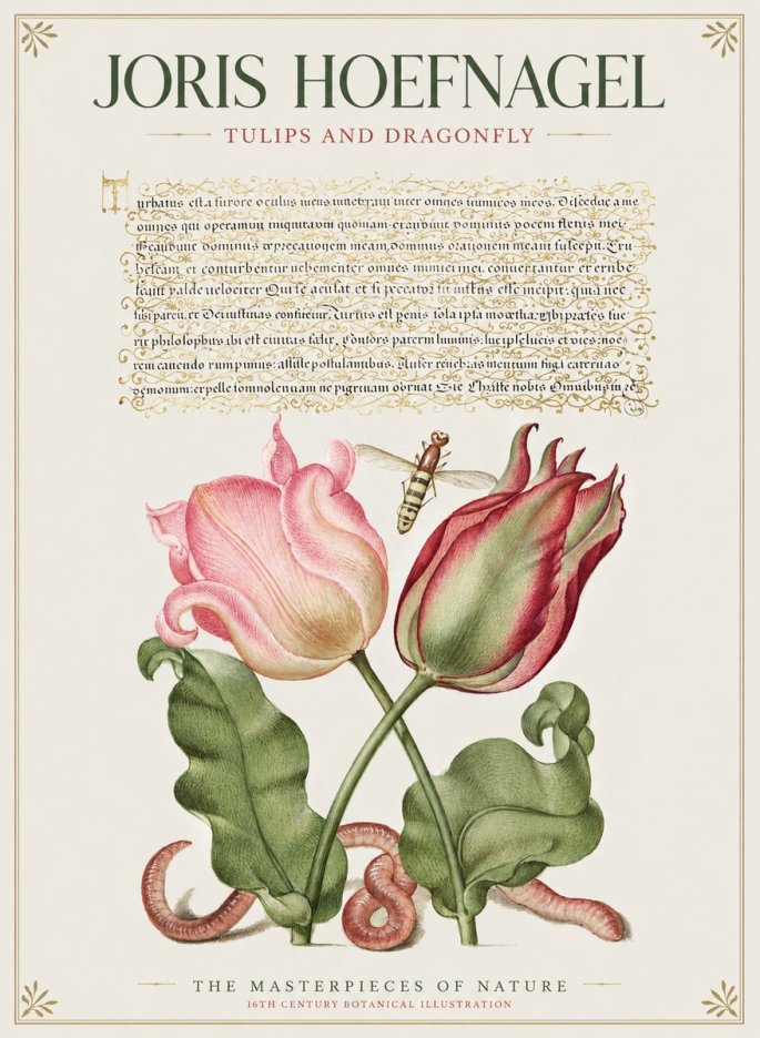 Joris Hoefnagel Two Tulips with Caterpillars and Dragonfly No2 - Poster