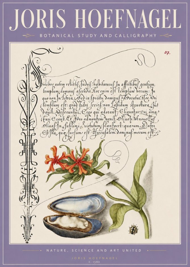 Joris Hoefnagel Botanical Study and Calligraphic Page No3 - Poster