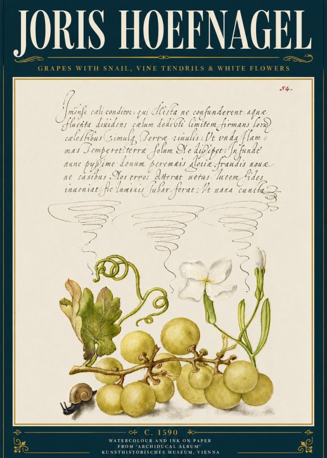 Joris Hoefnagel Grapes with Snail, Vine Tendrils & White Flowers No5 - Poster