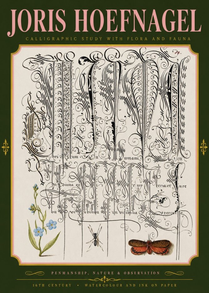 Joris Hoefnagel Calligraphic Study with Flora and Fauna No4 - Poster