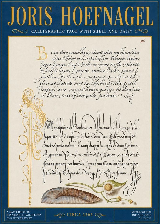 Joris Hoefnagel Calligraphic Page with Shell and Daisy No5 - Poster