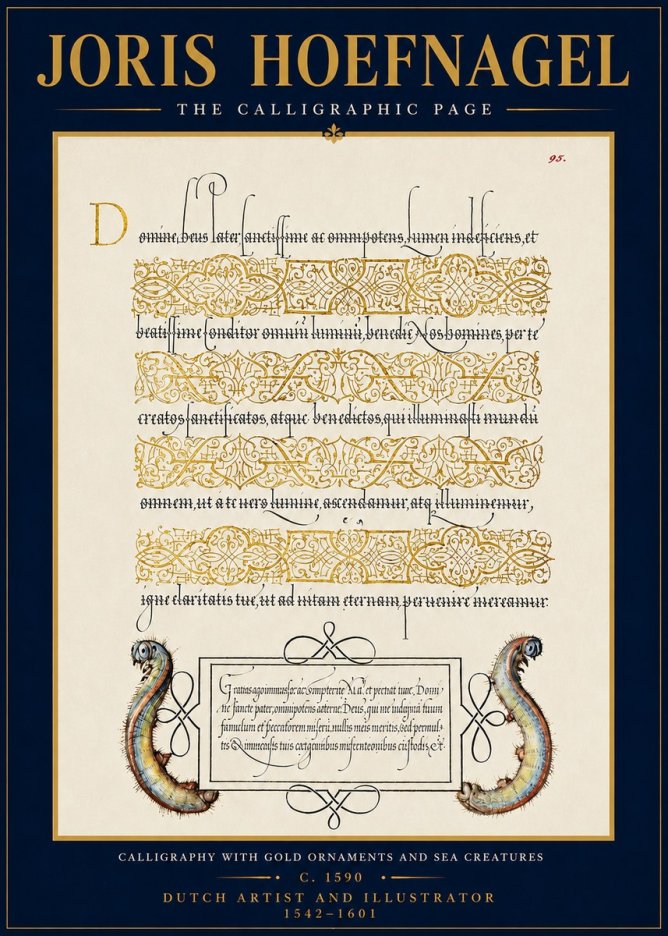 Joris Hoefnagel Calligraphic Page with Gold Ornaments and Sea Creatures No4 - Poster
