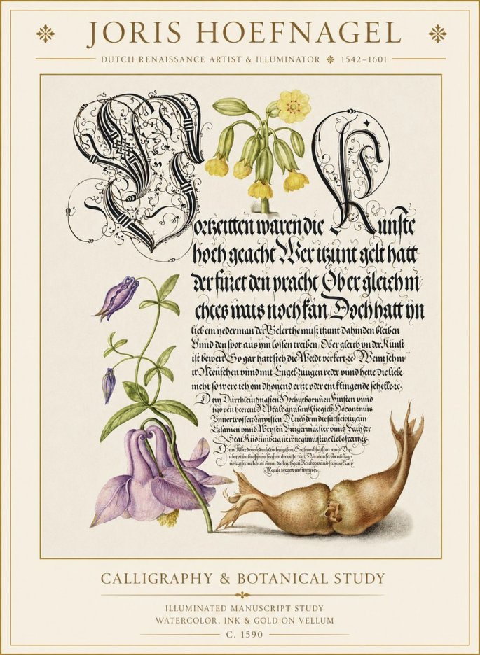 Joris Hoefnagel Calligraphy & Botanical Study No1 - Poster