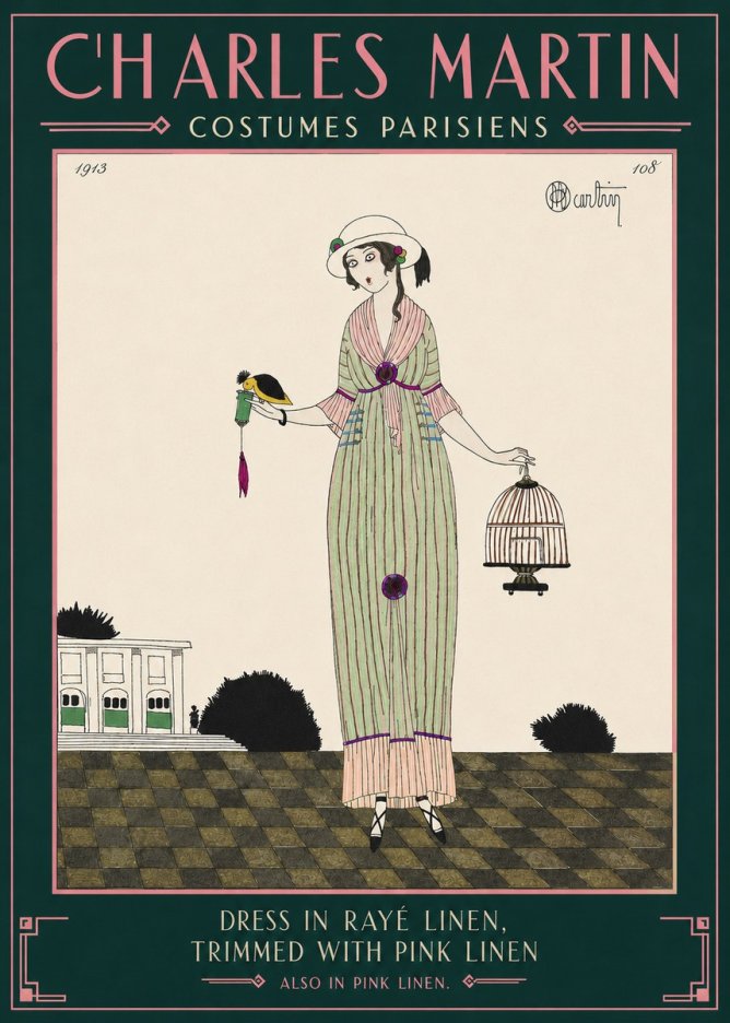 Charles Martin Dress in Rayé Linen, Trimmed with Pink Linen No4 - Poster