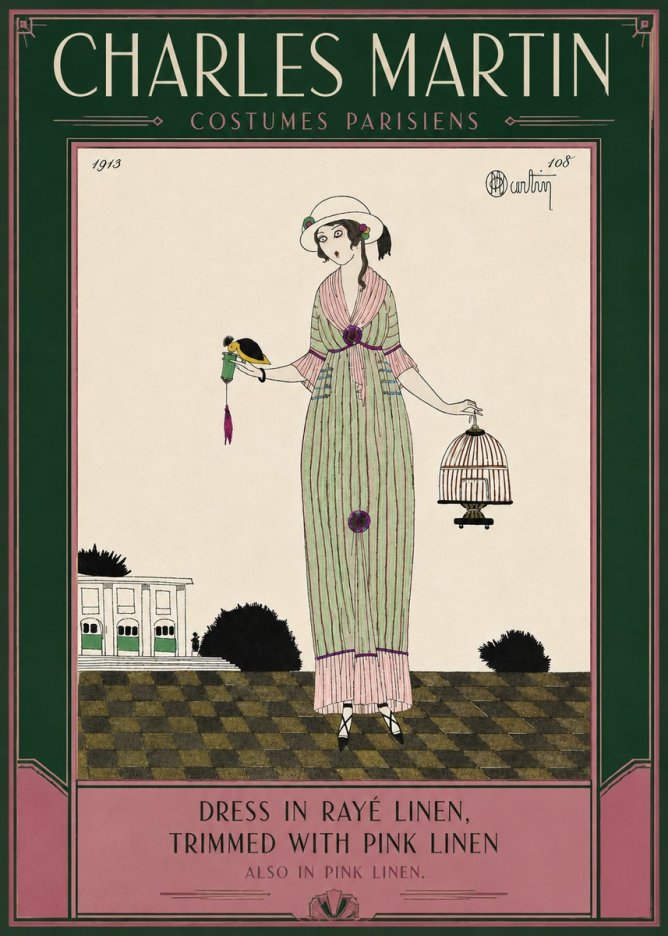 Charles Martin Dress in Rayé Linen, Trimmed with Pink Linen No6 - Poster