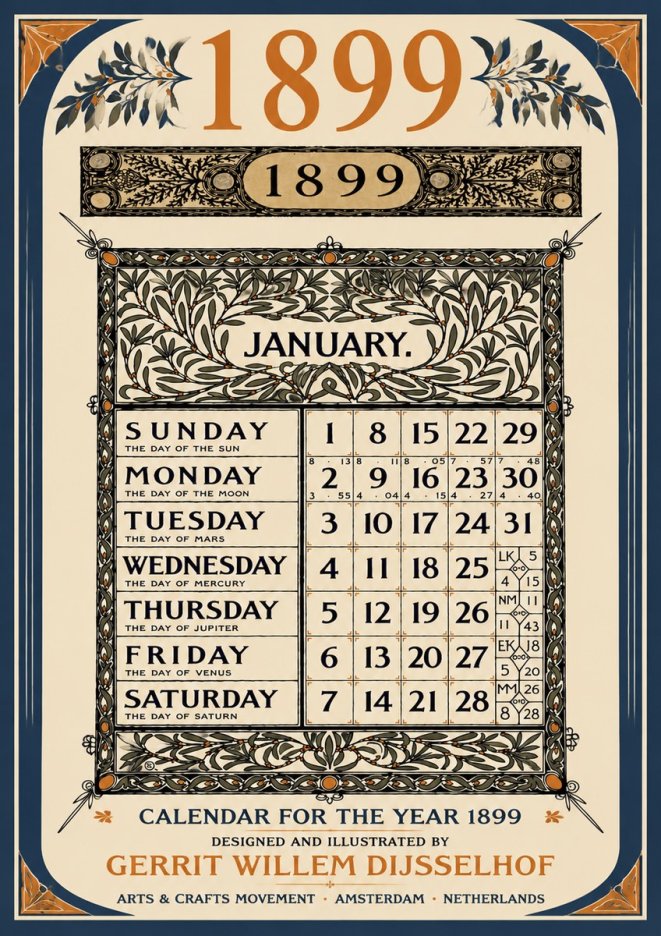 Gerrit Willem Dijsselhof January. Calendar for 1899. No6 - Poster