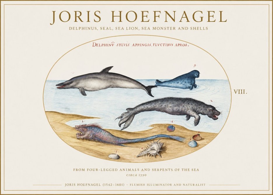 Joris Hoefnagel Delphinus, Seal, Sea Lion, Sea Monster and Shells No1 - Poster