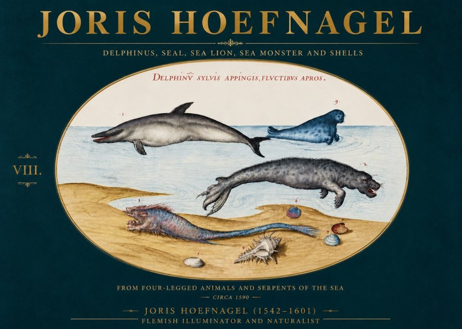 Joris Hoefnagel Delphinus, Seal, Sea Lion, Sea Monster and Shells No4 - Poster