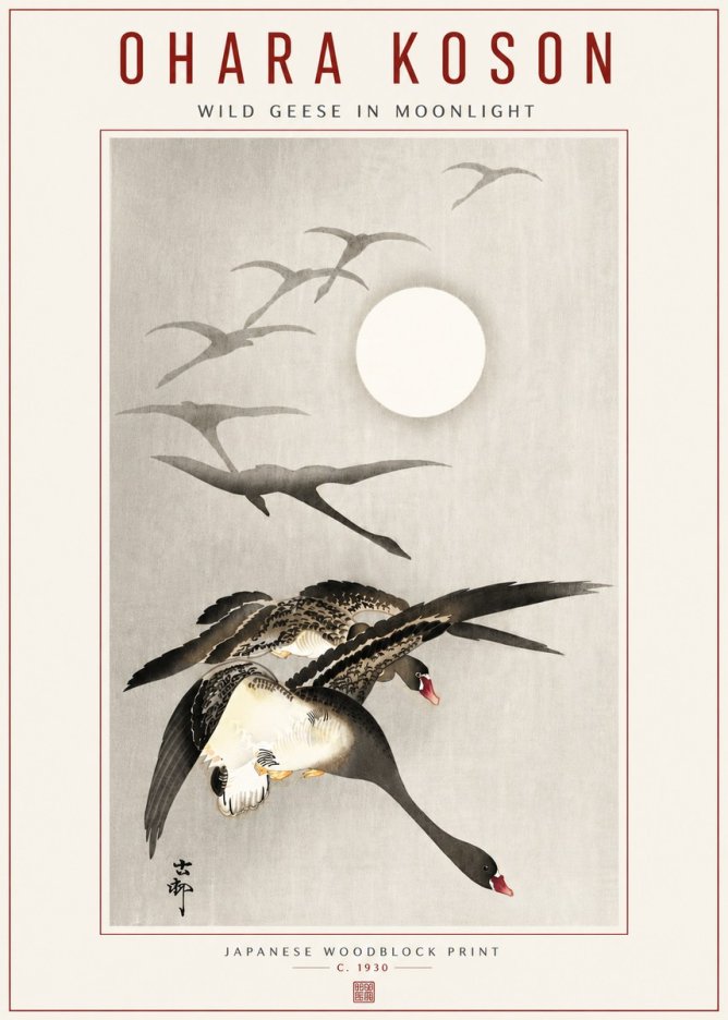 Ohara Koson Wild Geese in Moonlight I No5 - Poster
