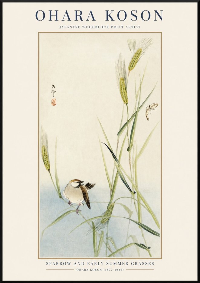 Ohara Koson Sparrow and Early Summer Grasses No1 - Poster