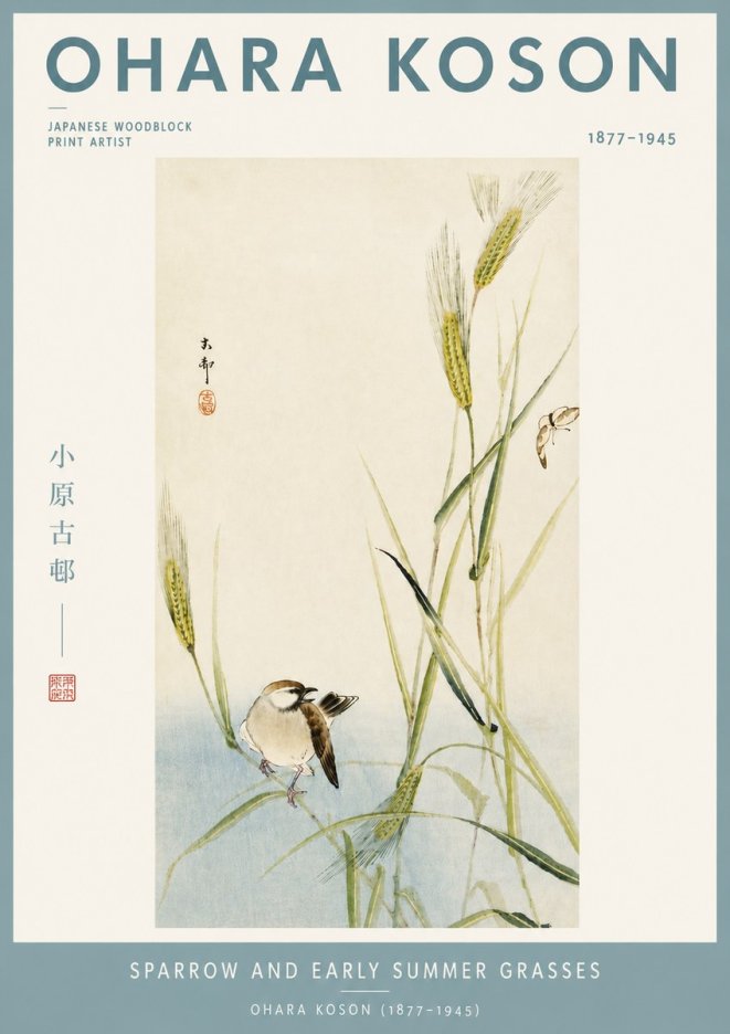 Ohara Koson Sparrow and Early Summer Grasses No4 - Poster