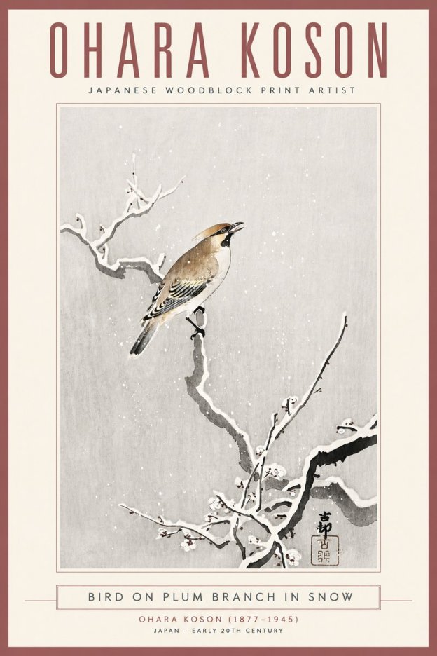 Ohara Koson Bird on Plum Branch in Snow No4 - Poster