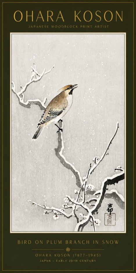 Ohara Koson Bird on Plum Branch in Snow No6 - Poster