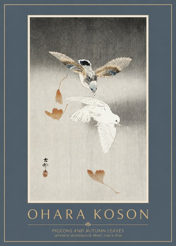Ohara Koson Pigeons and Autumn Leaves No2 - Poster