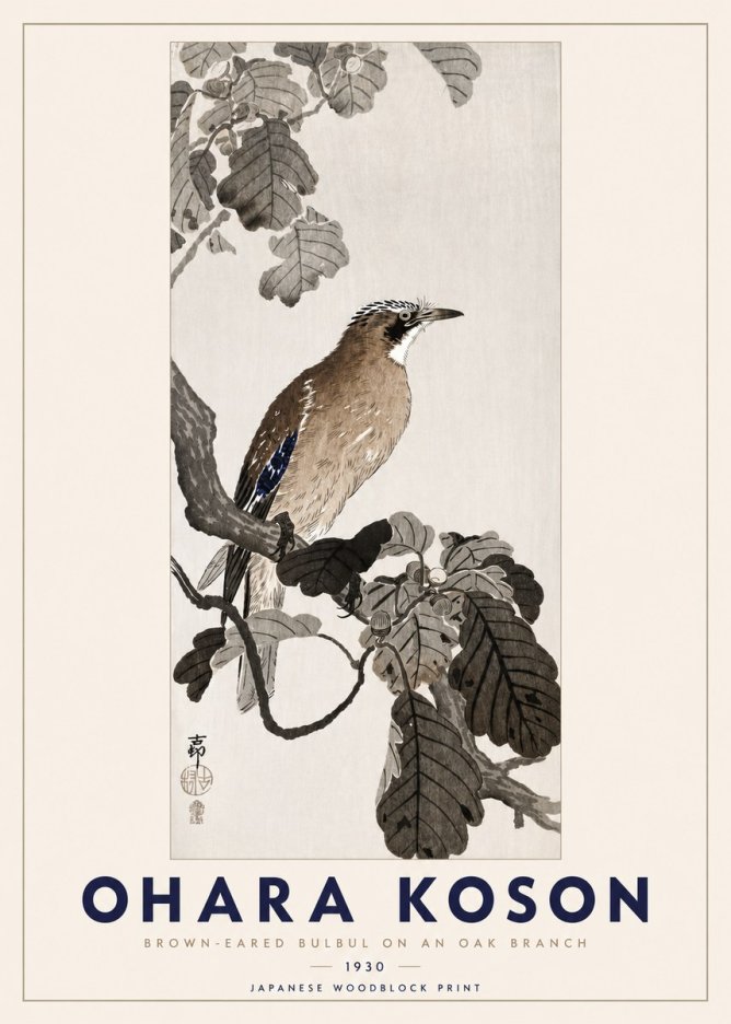 Ohara Koson Brown-eared Bulbul on an Oak Branch No3 - Poster