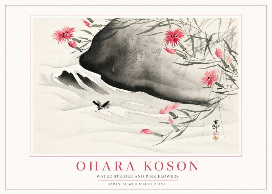 Ohara Koson Water Strider and Pink Flowers No2 - Poster
