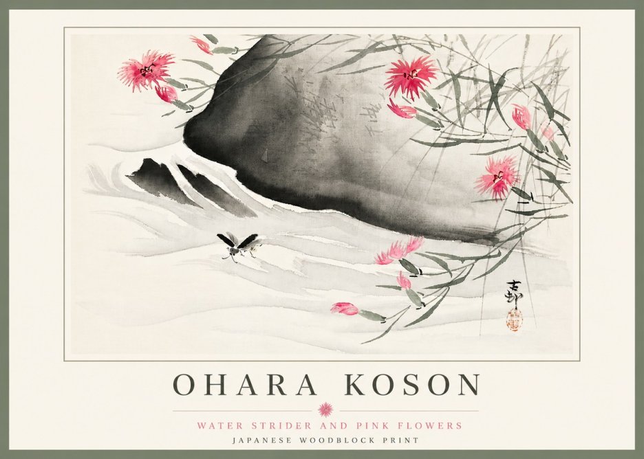 Ohara Koson Water Strider and Pink Flowers No5 - Poster
