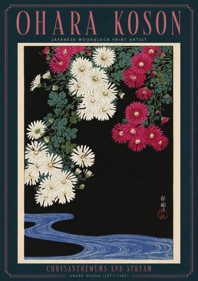 Ohara Koson Chrysanthemums and Stream No2 - Poster