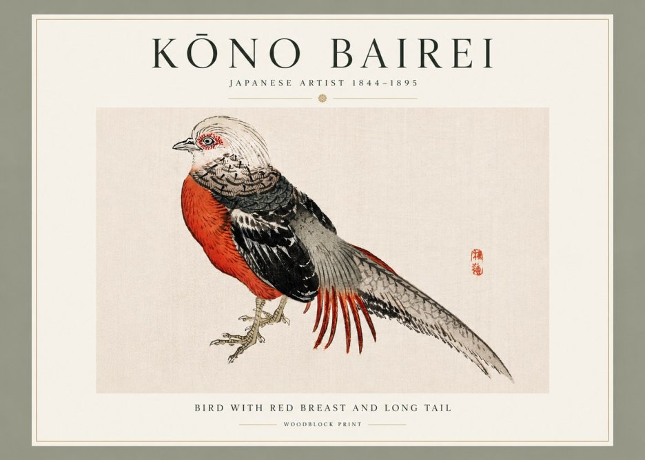 Kōno Bairei Bird with Red Breast and Long Tail No3 - Poster