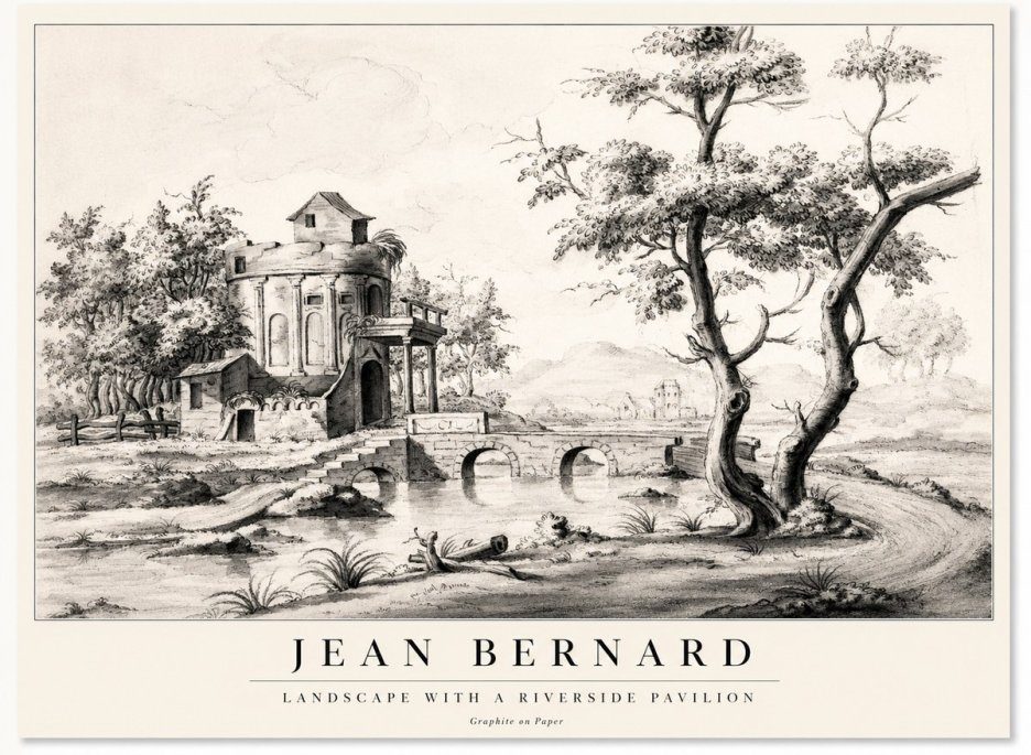 Jean Bernard Riverside Landscape with Bridge and Tower No2 - Poster