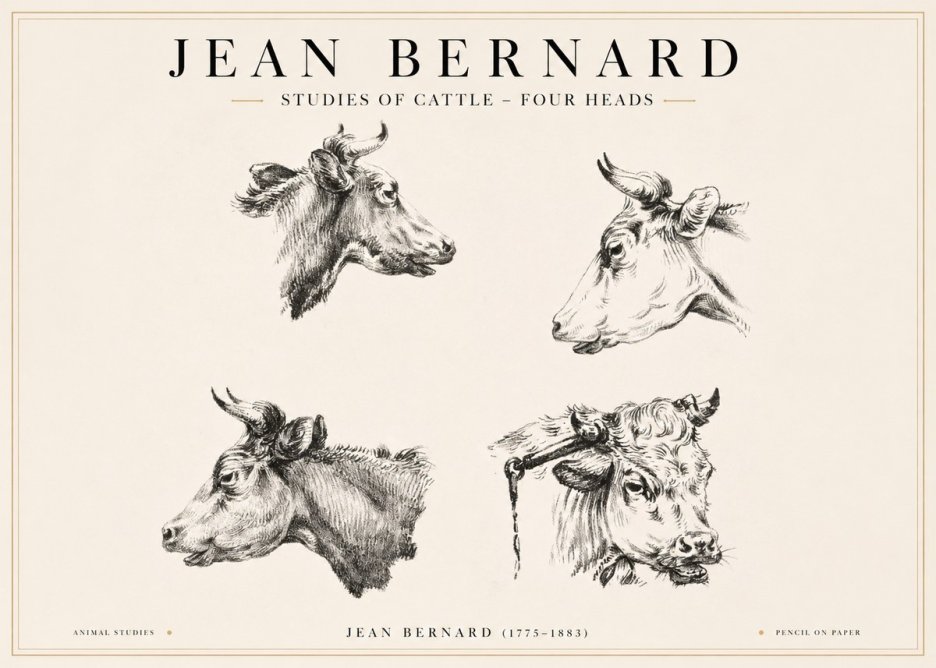 Jean Bernard Studies of Cattle - Four Heads No1 - Poster