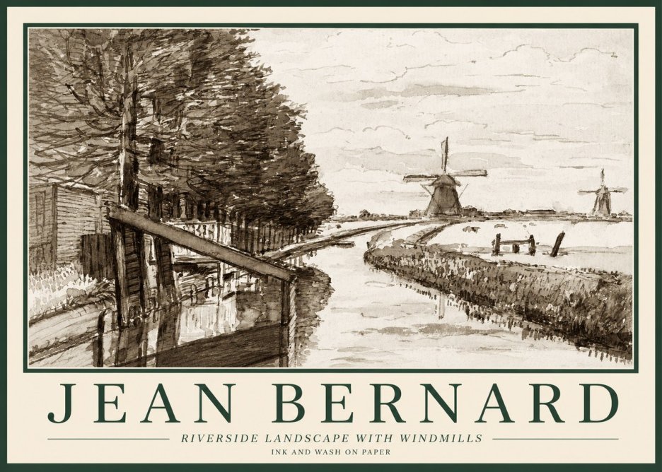 Jean Bernard Riverside Landscape with Windmills No1 - Poster