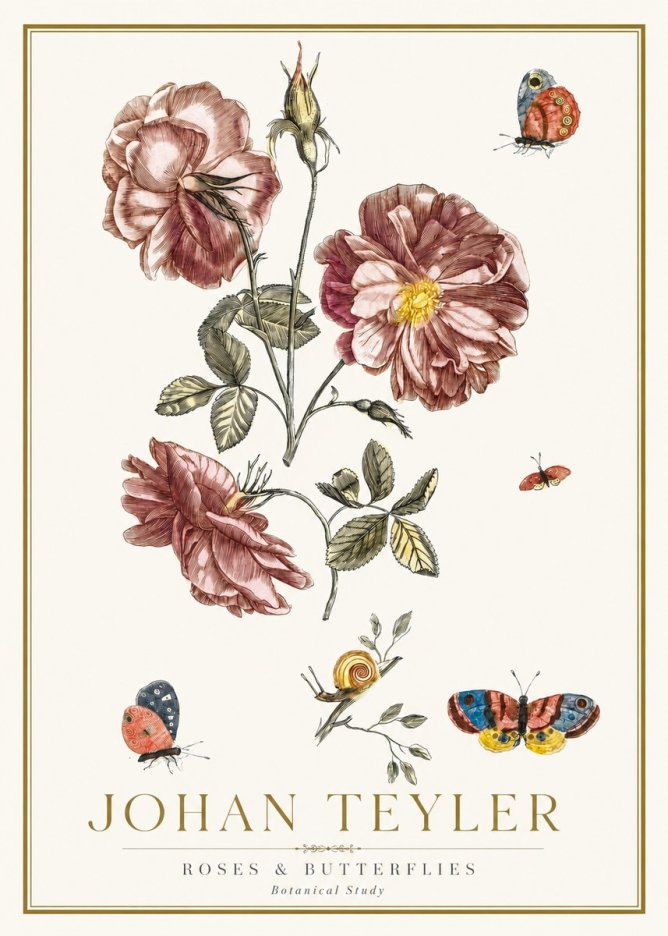 Johan Teyler Roses & Butterflies - Botanical Study No2 - Poster