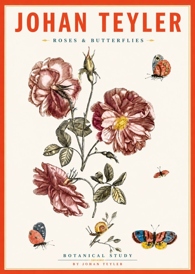 Johan Teyler Roses & Butterflies - Botanical Study No5 - Poster