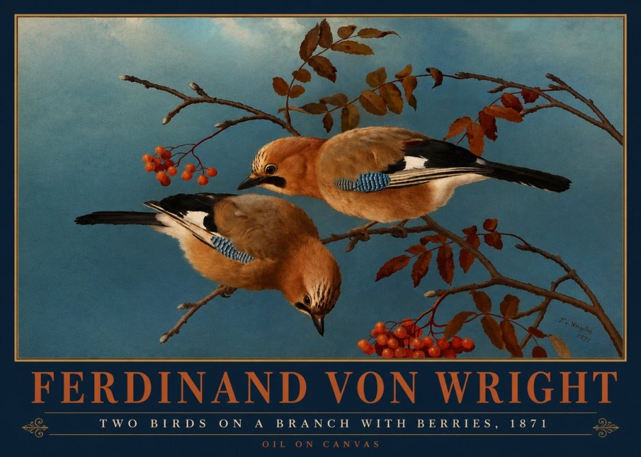 Ferdinand von Wright Two Birds on a Branch with Berries, 1871 No4 - Poster
