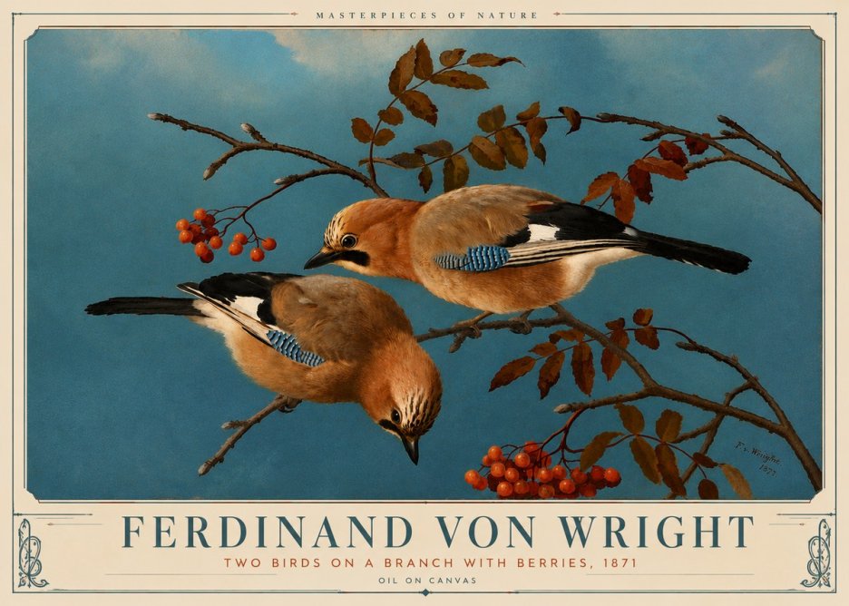 Ferdinand von Wright Two Birds on a Branch with Berries, 1871 No6 - Poster